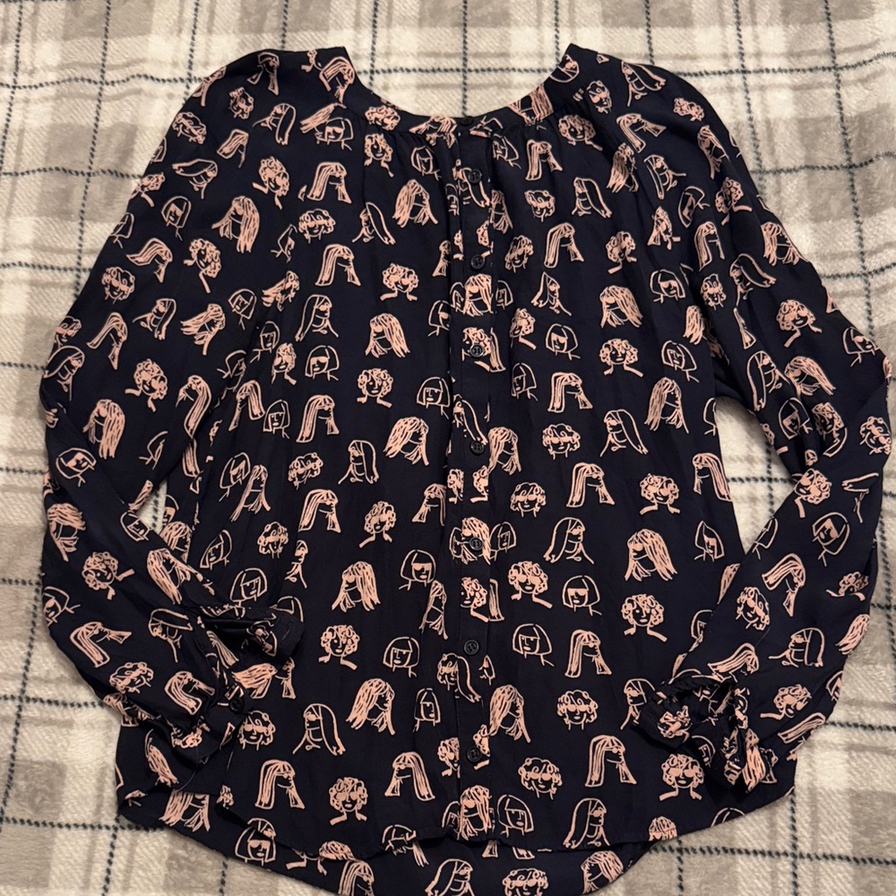 Boden Navy Abstract Face Print Blouse US 8 UK 12 Long Sleeve Button Front